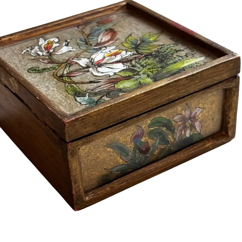 Vintage trinket box hinged lid wood hand painted floral glass & golden finish